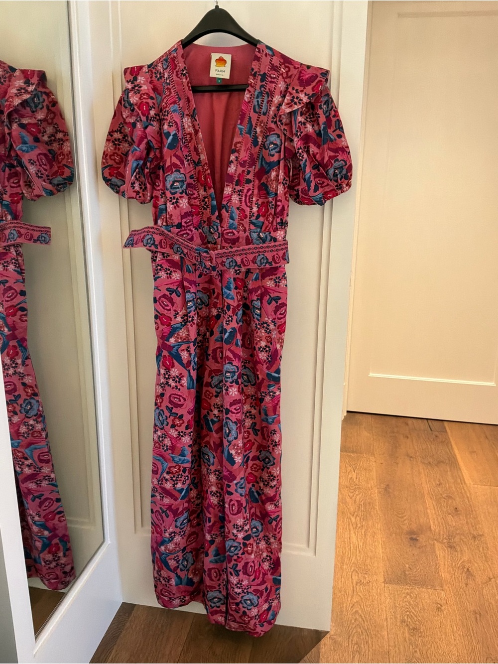 FARM Rio Pink Floral Belted Jumpsuit Puff Sleeves size S